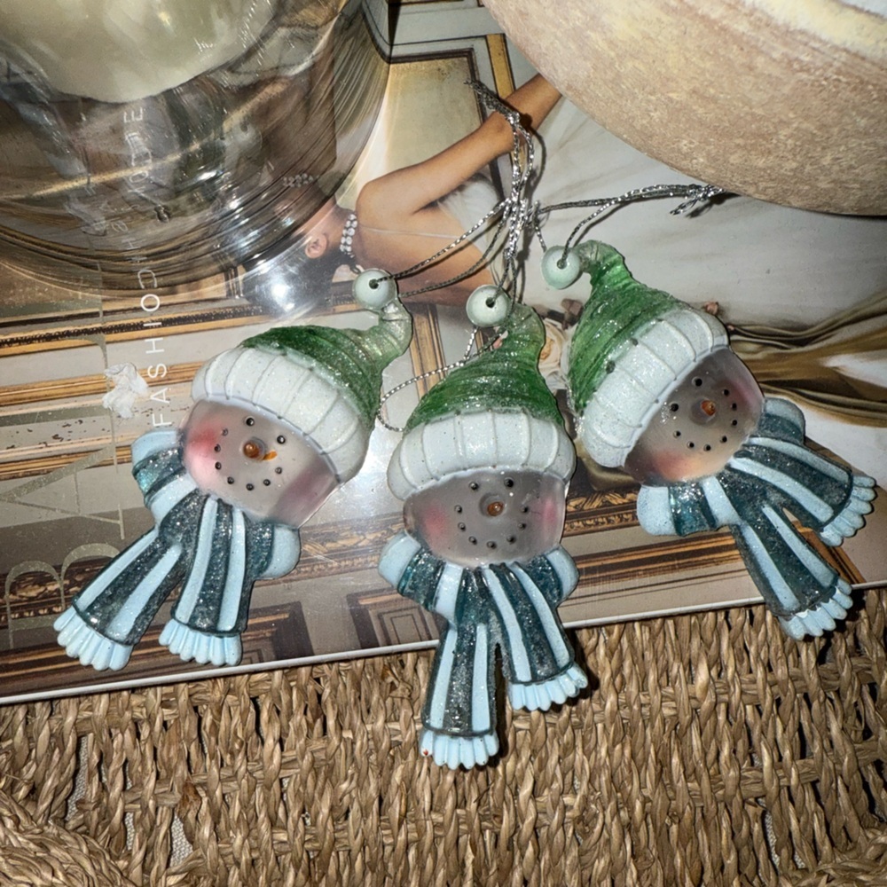 Set of Three Snowman Ornaments with Green Hats
